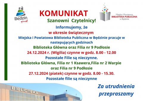 Komunikat dot. pracy Miejskiej i Powiatowej Biblioteki Publicznej w okresie świątecznym