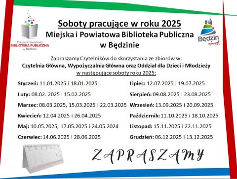 Komunikat dot. pracy Biblioteki - Budynek Główny w soboty roku 2025 