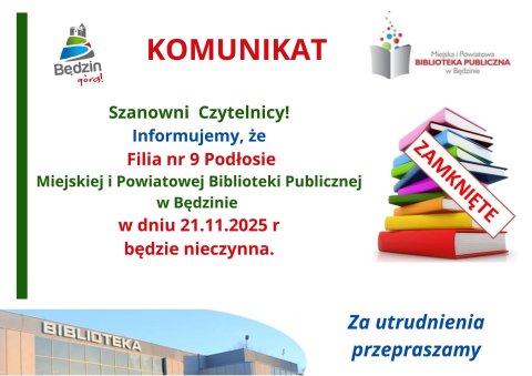 Komunikat dot. pracy Filii nr 9 - Podłosie 