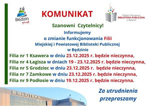 Komunikat dot. pracy filii bibliotecznych w dniu 23 grudnia br.