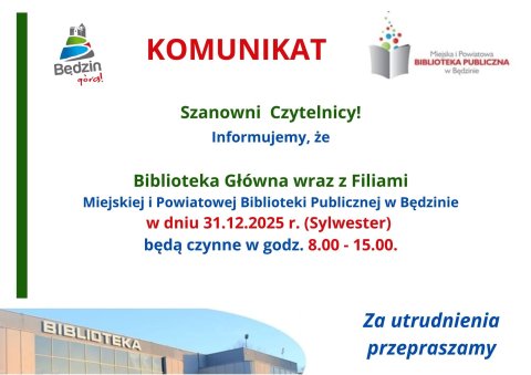 Komunikat dot. pracy Biblioteki Głównej oraz Filii w dniu 31 grudnia 2025 r.
