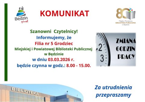 Komunikat dot. pracy Filii nr 5 - Zamkowe