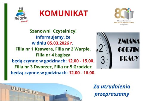 Komunikat dot. pracy Filii MiPBP w Będzinie w dniu 5 marca 2026r.