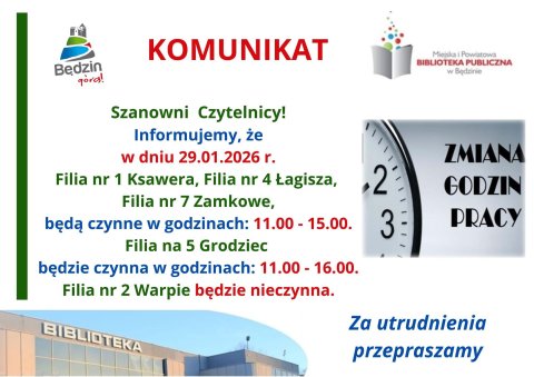 Komunikat dot. pracy Filii będzińskiej książnicy w dniu 29 stycznia br.